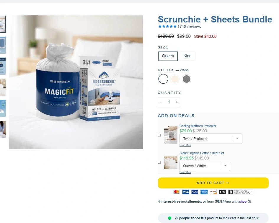 Bed Scrunchie bundle purchase area combining the main product with sheets.